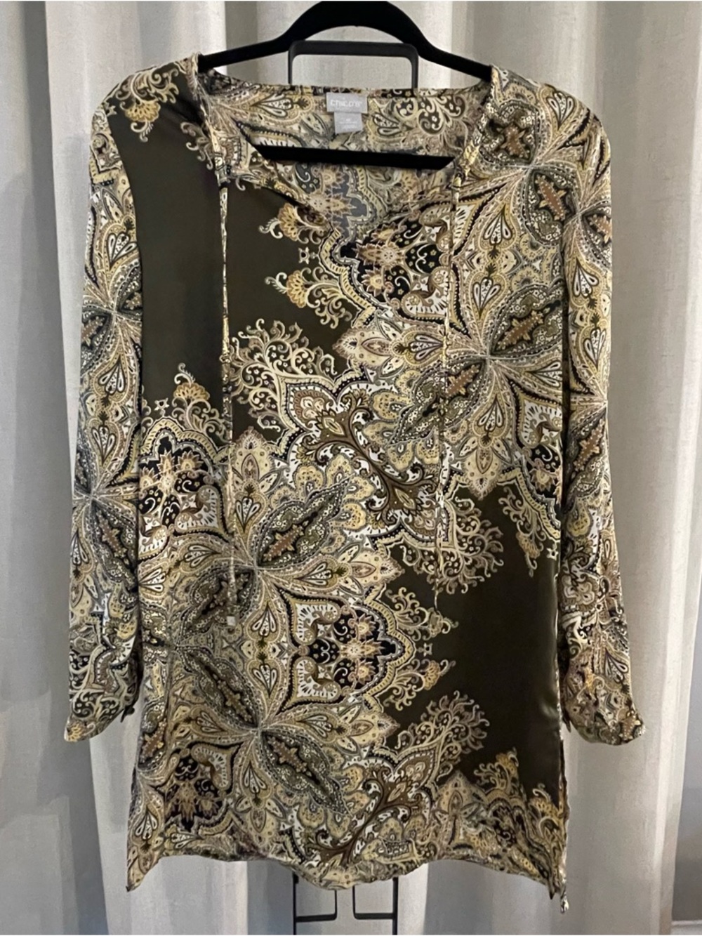 Chico's Olive Paisley Long-Sleeve Tunic